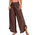 Detailansicht der braunen Baumwoll-Leinen-Hose für Damen mit hoher Taille und Volants - Kaffeebraun