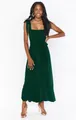 Full-length view of an elegant dark green midi dress with bow tie shoulder straps - S / Dark Green