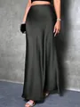 Elegant olive grey satin maxi skirt featuring a high waist and glossy finish - XS / Bottoms / Black