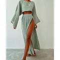 Sage green linen blend two-piece set featuring a long sleeve crop top and high slit skirt - S / Top And Bottom / Light Green