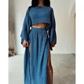 Blue linen blend two-piece set featuring crop top and high waist split maxi skirt - S / Top And Bottom / Blue
