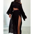 Elegant black linen blend 2-piece vacation set featuring crop top and high-slit maxi skirt - S / Top And Bottom / Black