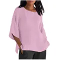 Camicetta casual da donna in cotone e lino con scollo a girocollo e maniche a 3/4 rosa - Taglia S / Top / Rosa