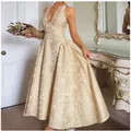Elegant champagne jacquard halter V-neck sleeveless backless evening gown for women - S / Bottom (Halter Style) / Apricot