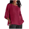 Vista dettagliata di una camicetta casual in lino bordeaux con girocollo e maniche a 3/4 chic - Taglia S / Top / Borgogna