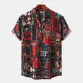 Close-up of men's summer casual Hawaiian shirt with vibrant patchwork floral print - Maroon Ginger Ethnic Collage (PL007)
