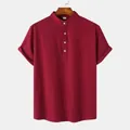 Casual red cotton linen shirt for men featuring a mandarin collar and white buttons - Burgundy
