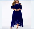 Elegante abito blu reale con patchwork di pizzo, spalle scoperte e dettaglio volant - Taglia S / Top / Blu zaffiro