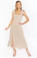 Elegant beige maxi dress with tie shoulders and a front slit, chic French style. - S / Apricot