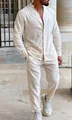 Men's casual linen two-piece set in beige, featuring a long-sleeve shirt and trousers. - S / Top And Bottom / Beige