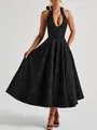 Elegant black halter V-neck jacquard midi dress for formal evening parties and galas - S / Bottom (Halter Style) / Black