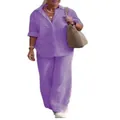 Lässiges lila Zweiteiler-Set mit Revers-Langarmshirt und weiten Leinenhosen für Damen - Lila