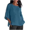 Dettaglio di camicia in lino blu con maniche a 3/4, girocollo e vestibilità comoda - Taglia S / Top / Blu zaffiro