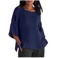 Camicetta blu scuro in cotone e lino con maniche a 3/4 a pipistrello e scollo tondo casual - Taglia S / Top / Blu navy