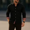 Stylish men's black long-sleeve shirt with red paisley pattern on cuffs and collar - S / Tops / Black
