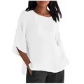 Casual loose white cotton linen blouse with round neck and 3/4 sleeves shown on model - S / Tops / White