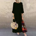 Vestido largo vintage con patchwork floral, cuello redondo y manga 3/4 en negro elegante - M / Top Y Pantalón / Negro