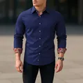Elegant navy blue men's slim fit long-sleeve shirt with stylish red paisley cuffs - S / Tops / Dark Blue
