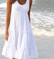 Elegant white sleeveless round neck tiered beach dress with a flowy ruffled tiered hemline - S / Tops / White