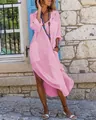 Side view of a pink linen maxi shirt dress with button details and side splits - S / Pink