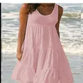 Robe de plage rose sans manches à col rond pour femme pour les vacances d'été - S / Hauts / Rose