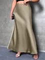 Elegant high-waisted taupe satin maxi skirt with smooth silk-like finish for women - XS / Bottoms / Khaki