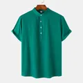 Detailed look at men's green cotton linen short sleeve shirt with stand collar - Dark Green