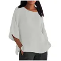 Close-up detail of women's light grey three-quarter sleeve round neck cotton linen shirt - S / Tops / Ivory