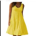 Robe de plage jaune sans manches à col rond avec jupe à plusieurs niveaux - S / Hauts / Jaune