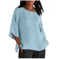 Dettaglio della camicetta in cotone e lino celeste a maniche a 3/4 da donna - Taglia S / Top / Celeste