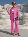 Full view of women's pink long-sleeve shirt and wide-leg trousers casual set - Bright Pink