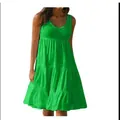Robe d'été sans manches vert émeraude à volants pour la plage avec un col rond élégant - S / Hauts / Vert