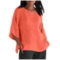Vista dettagliata di camicia in lino corallo con scollo tondo e maniche a pipistrello - Taglia S / Top / Rosso anguria