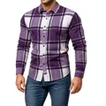 Primer plano de la camisa de manga larga a cuadros morados para hombre con cuello - S / Tops / Púrpura