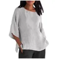 Dettaglio della camicetta da donna in cotone e lino grigio con maniche a tre quarti - Taglia S / Top / Grigio