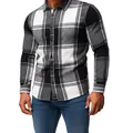 Vista detallada de la camisa informal de franela a cuadros en blanco y negro para hombre ajuste - Negro