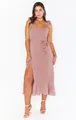 Elegant pink sleeveless midi dress featuring high side slit and ruffled hemline detail - Dark Pink