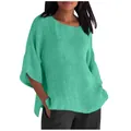 Dettaglio di una camicia da donna in cotone e lino verde menta con maniche a 3/4 e girocollo - Taglia S / Top / Verde Chiaro N. 51