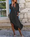 Bohemian black cotton linen maxi shirt dress with side slits and front buttons detail - S / Black