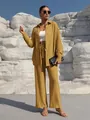 Full-length view of a yellow casual long-sleeve shirt and wide-leg pants two-piece set - Khaki