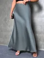 Elegant grey satin silk-like maxi skirt for women with a high-waist minimalist design. - XS / Bottoms / Gray