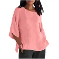 Elegante camicia in cotone lino rosa corallo con maniche a 3/4 e scollo rotondo classico - Taglia S / Top / Rosa arancio n. 23