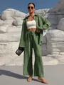 Casual two-piece set featuring green oversized shirt and wide leg trousers. - Green