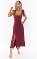 Elegant wine red French style midi dress featuring tie straps and a front slit detail - Burgundy
