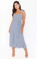 Full length view of light blue French style slit midi dress with tie shoulder straps - Dark Blue