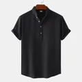 Chemise homme en coton et lin noir à manches courtes et col montant pour l'été. - M / Hauts / Noir