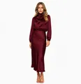 Elegant burgundy satin long-sleeved midi dress with a high neck and waist for evening events - Burgundy