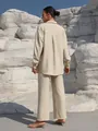 Casual beige two-piece set for women featuring long-sleeve button-down shirt and wide-leg pants - S / Top And Bottom / Apricot
