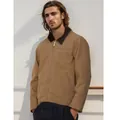 Close-up of men's casual tan jacket with a dark contrast fur collar and zip closure - M / Tops / Khaki