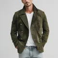 Detail view of a men's olive green suede double-breasted jacket with retro style - S / Tops / Army Green